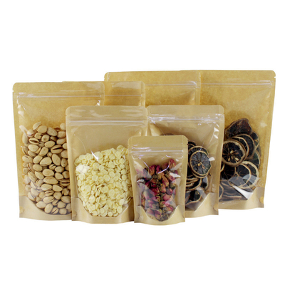 Carta riciclabile, biodegradabile, sacchetti in piedi, finestra trasparente, marrone con cerniera